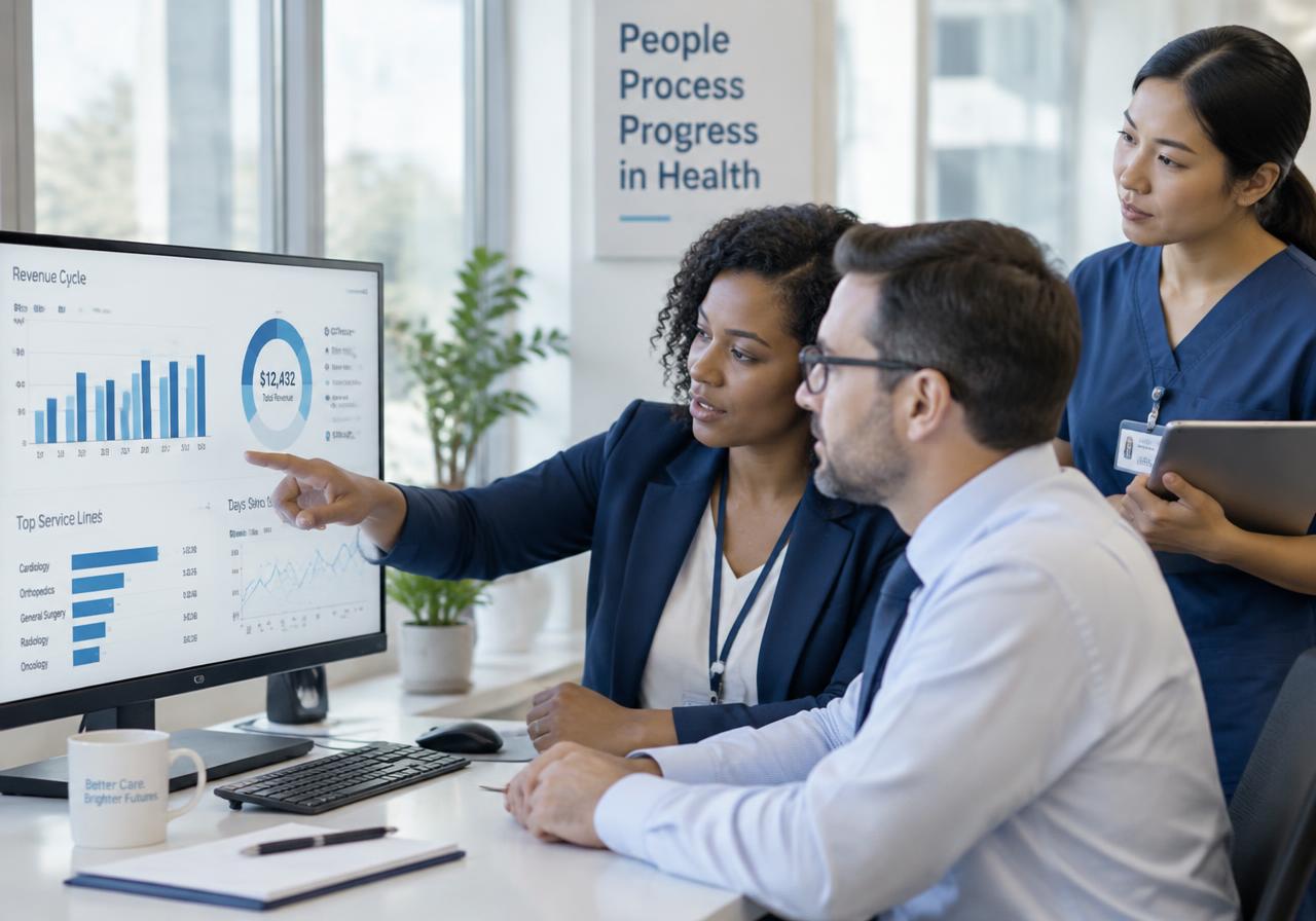 Illustrative healthcare team reviewing revenue-cycle reports together